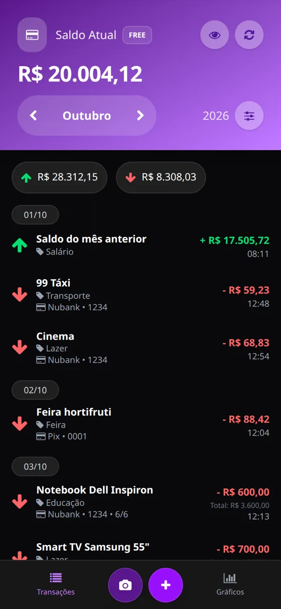 gastou.cc home screen with monthly balance, income, and expenses